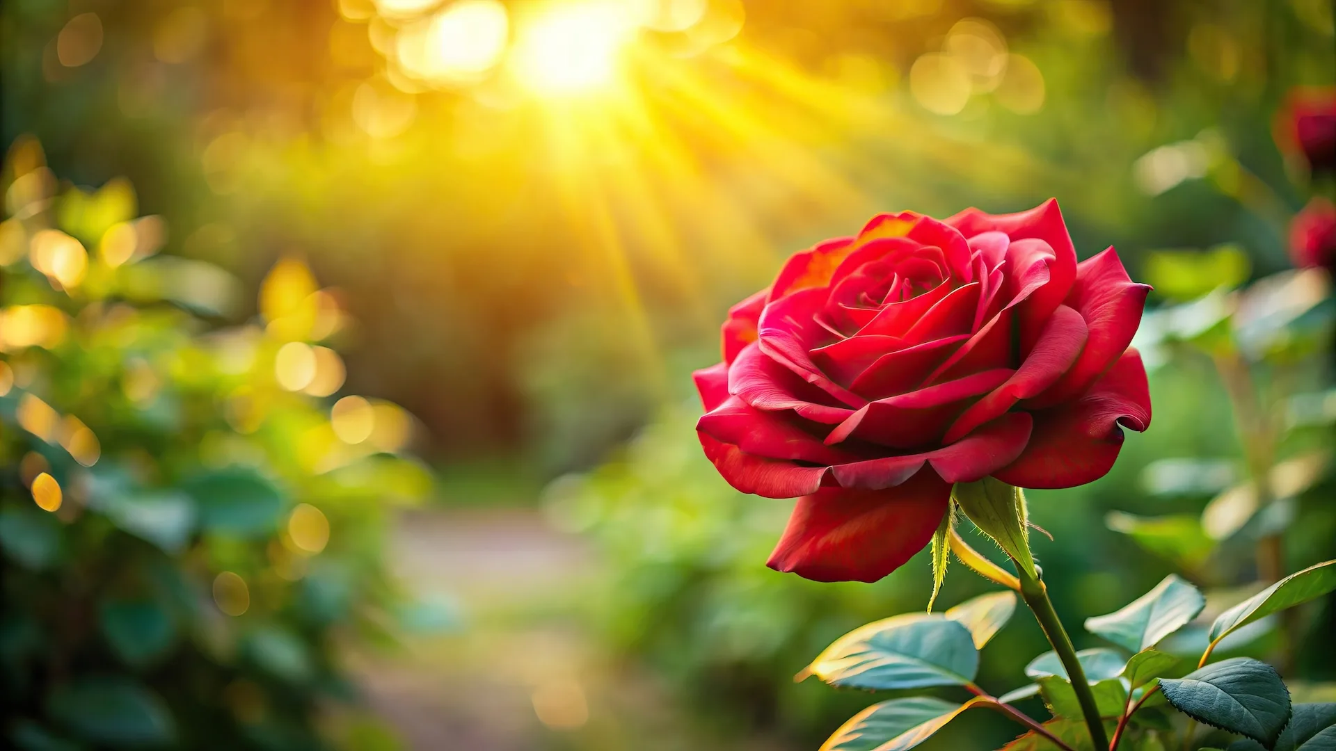 Red Rose Is In The Sunlight In Summer Morning Garden Background, Background, Rose, Morning