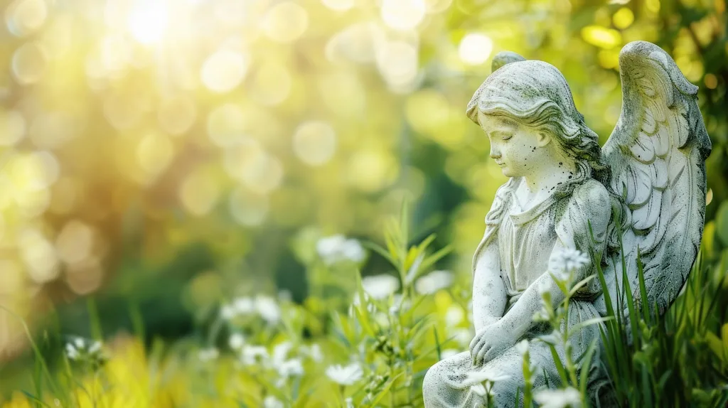 Angel Statue In Sunlit Garden Symbol Of Mourning And Remembrance With Bokeh Background, Copy Space For Text